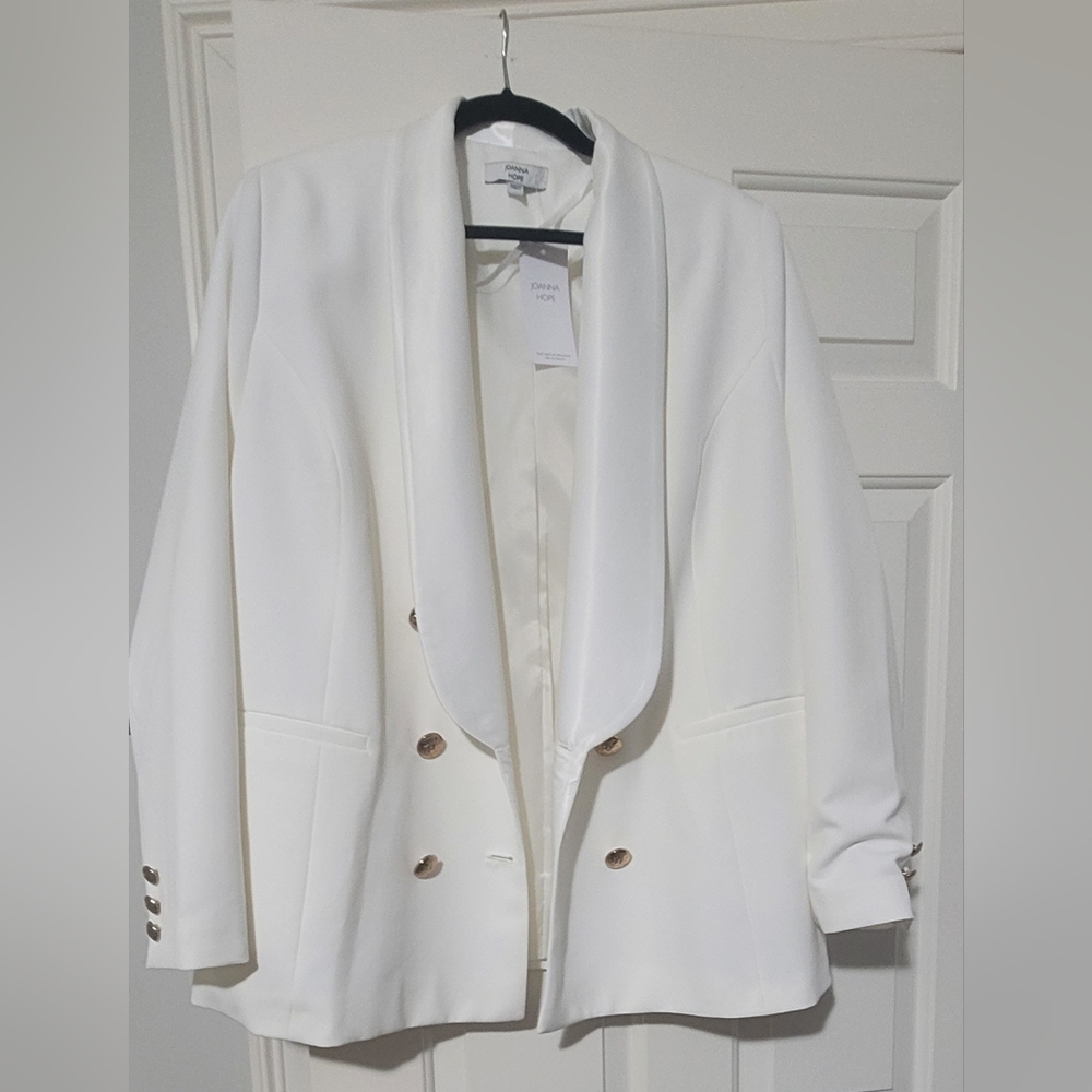 White Double-Breasted Shawl Collar Blazer with Gold Buttons
